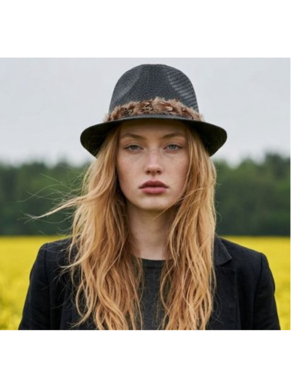 Accessory Collective Woven Charcoal Fedora Hat One Size with Brown Feather Band